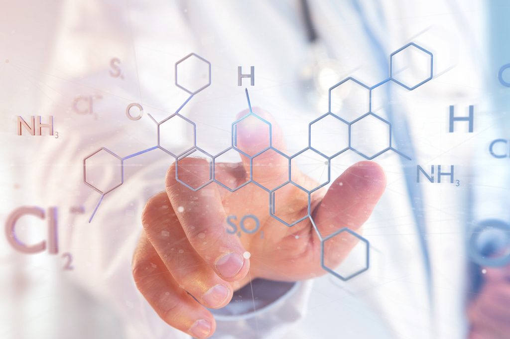 View of a Doctor holding a 3d rendering molecule structure isolated on a background